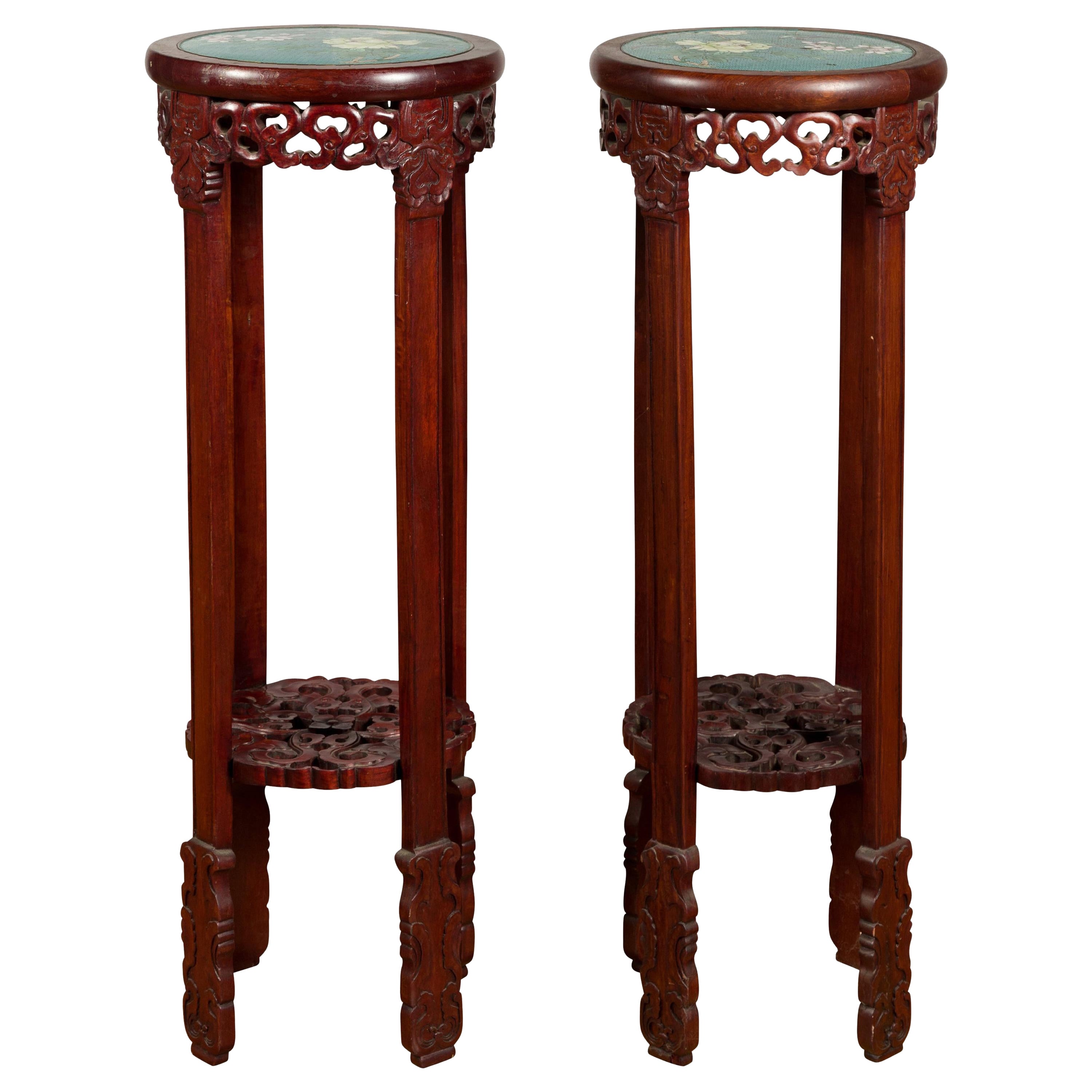 Pair of Late Qing Dynasty Stands with Carved Aprons and Floral Bird Decor