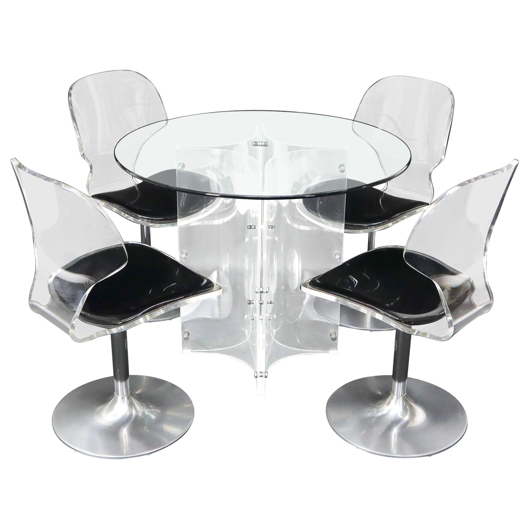 Tulip Chrome Base Lucite Seats Set of 4 Chairs Dining Table with Glass Round Top For Sale