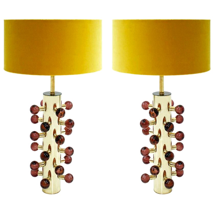 Mid-Century Modern Style Pair of Brass and Burgundy Murano Glass Table Lamps For Sale