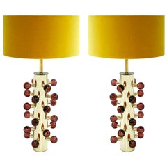 Mid-Century Modern Style Pair of Brass and Burgundy Murano Glass Table Lamps