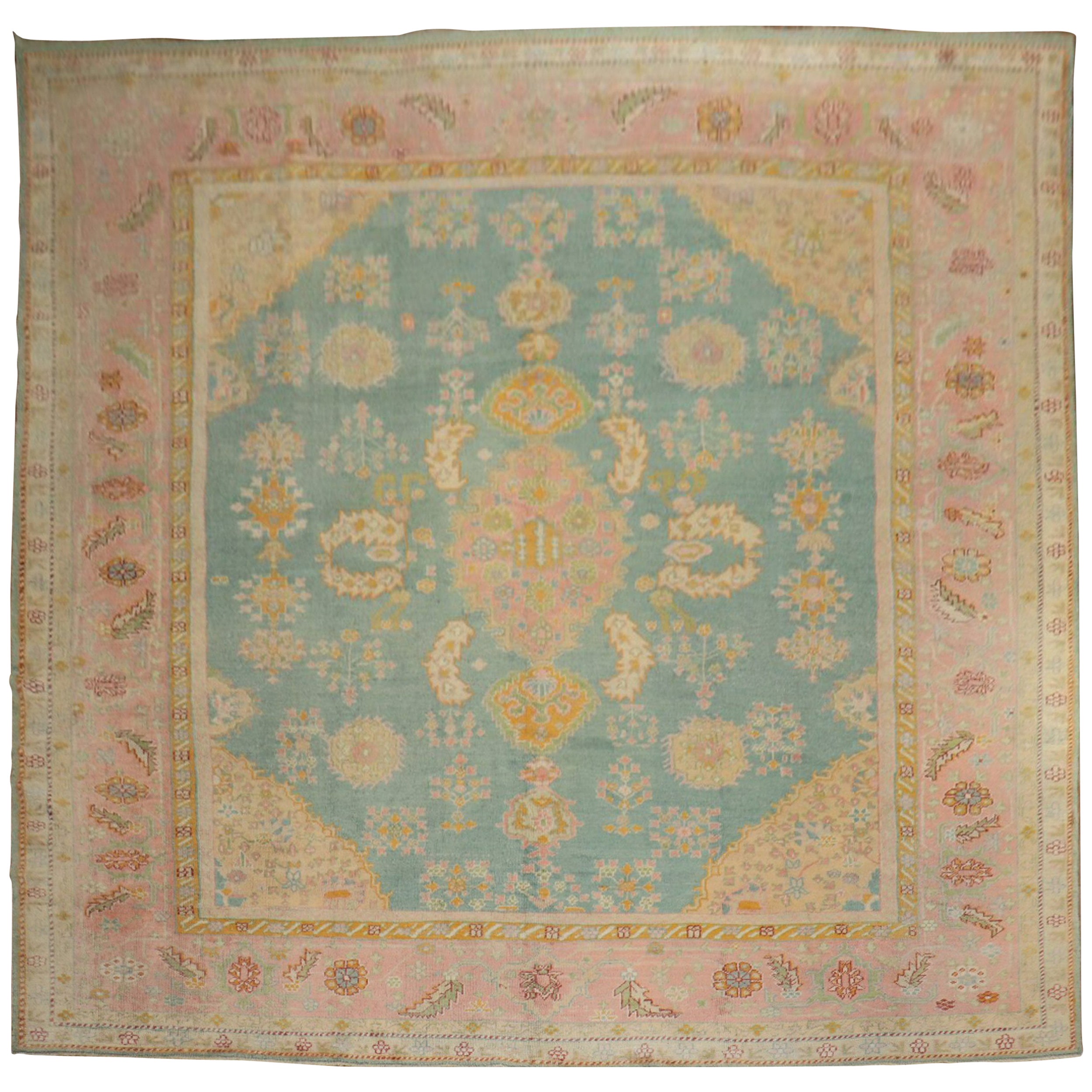 Blue Pink Vintage Inspired Oushak Rug For Sale at 1stDibs