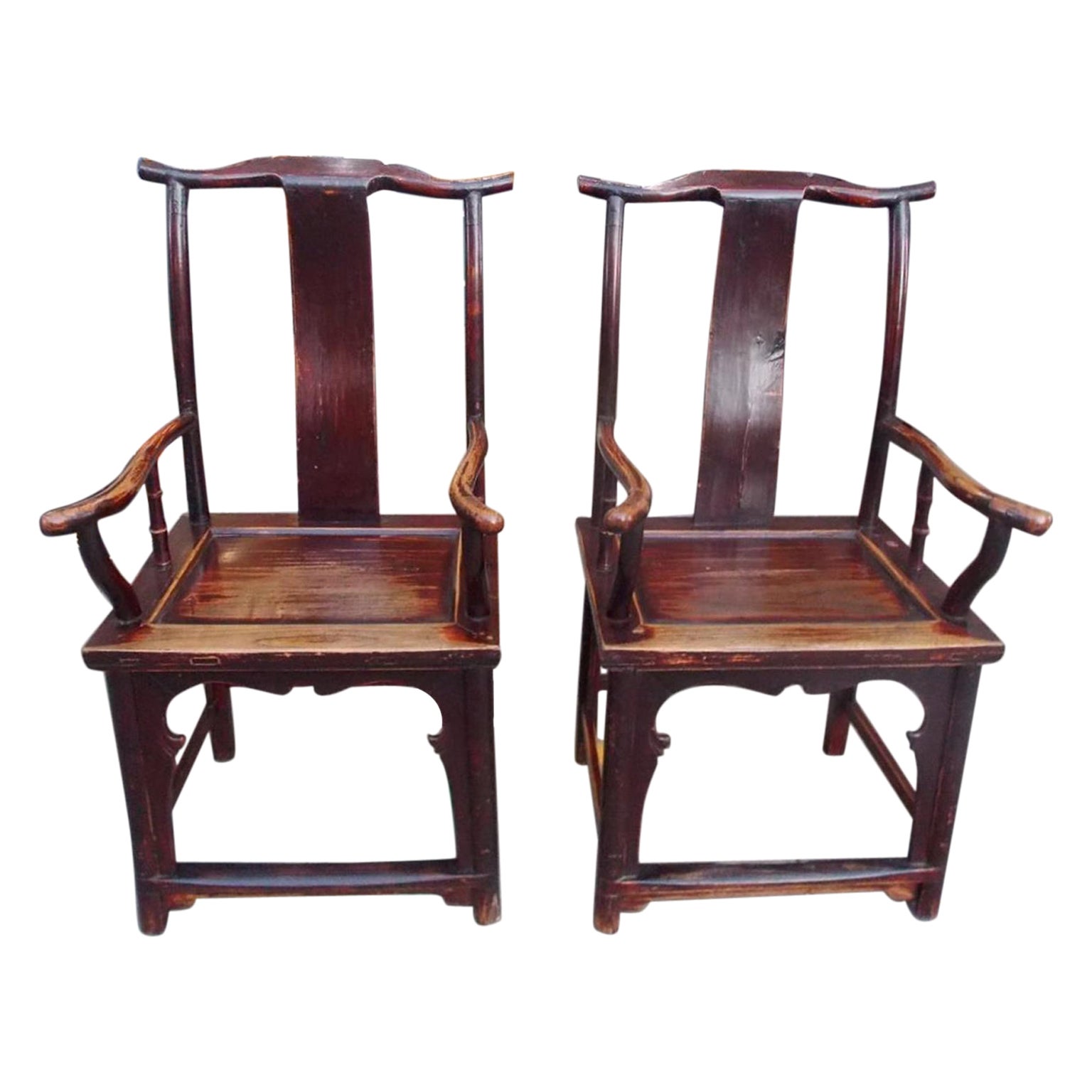 Pair of Chinese Chippendale Qing Dynasty Red Lacquered King Wood Arm Chairs 1840 For Sale