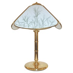 Poliarte 1960s Italian Feather Reed Grass Decor Cream White Glass Brass Lamp