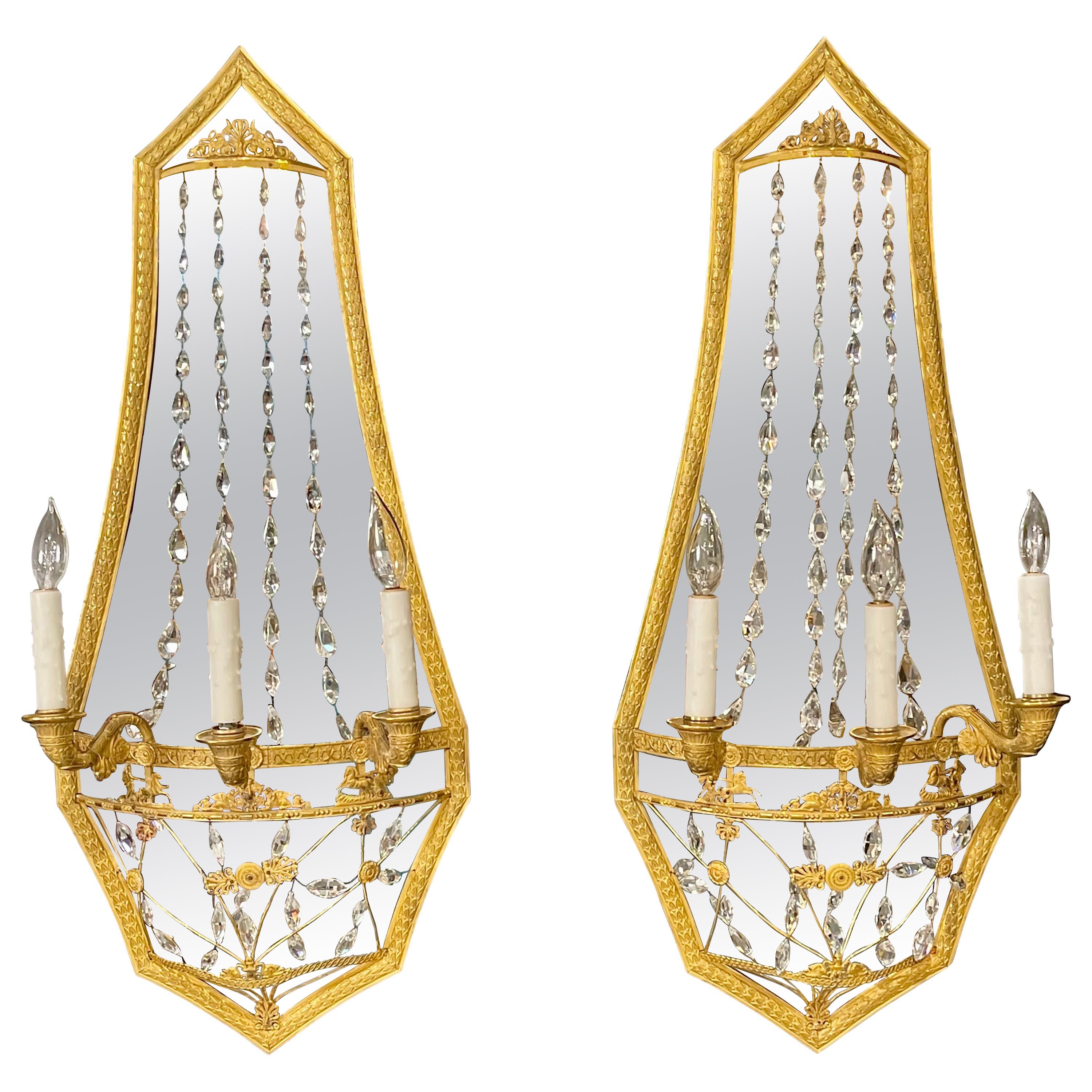 Maison Baguès Attribution, Neoclassical Mirrored Sconces, Bronze, Crystal, 1910s For Sale