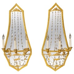 Maison Baguès Attribution, Neoclassical Mirrored Sconces, Bronze, Crystal, 1910s