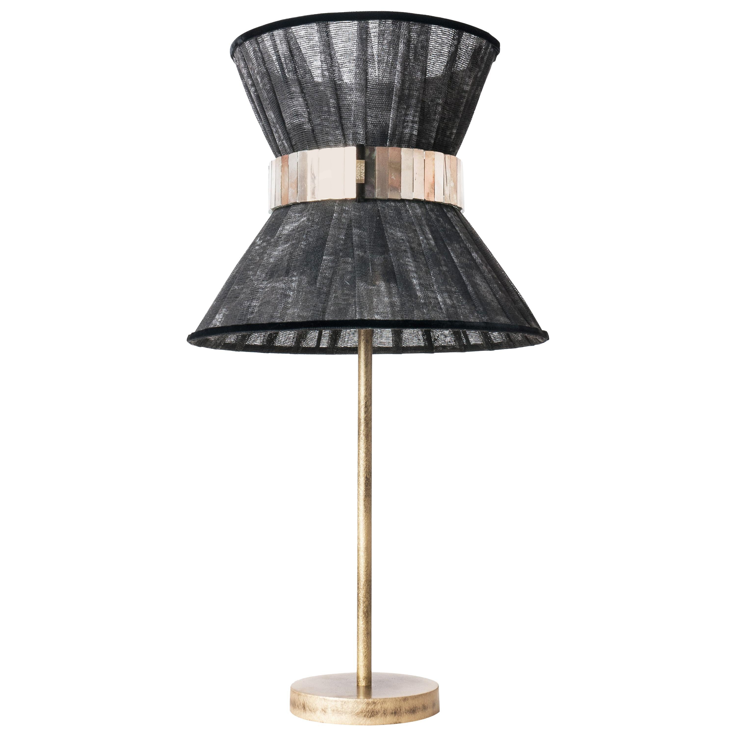 “Tiffany” Table Lamp 30 Black Chalky Painted, Antiqued Brass, Silvered Glass For Sale