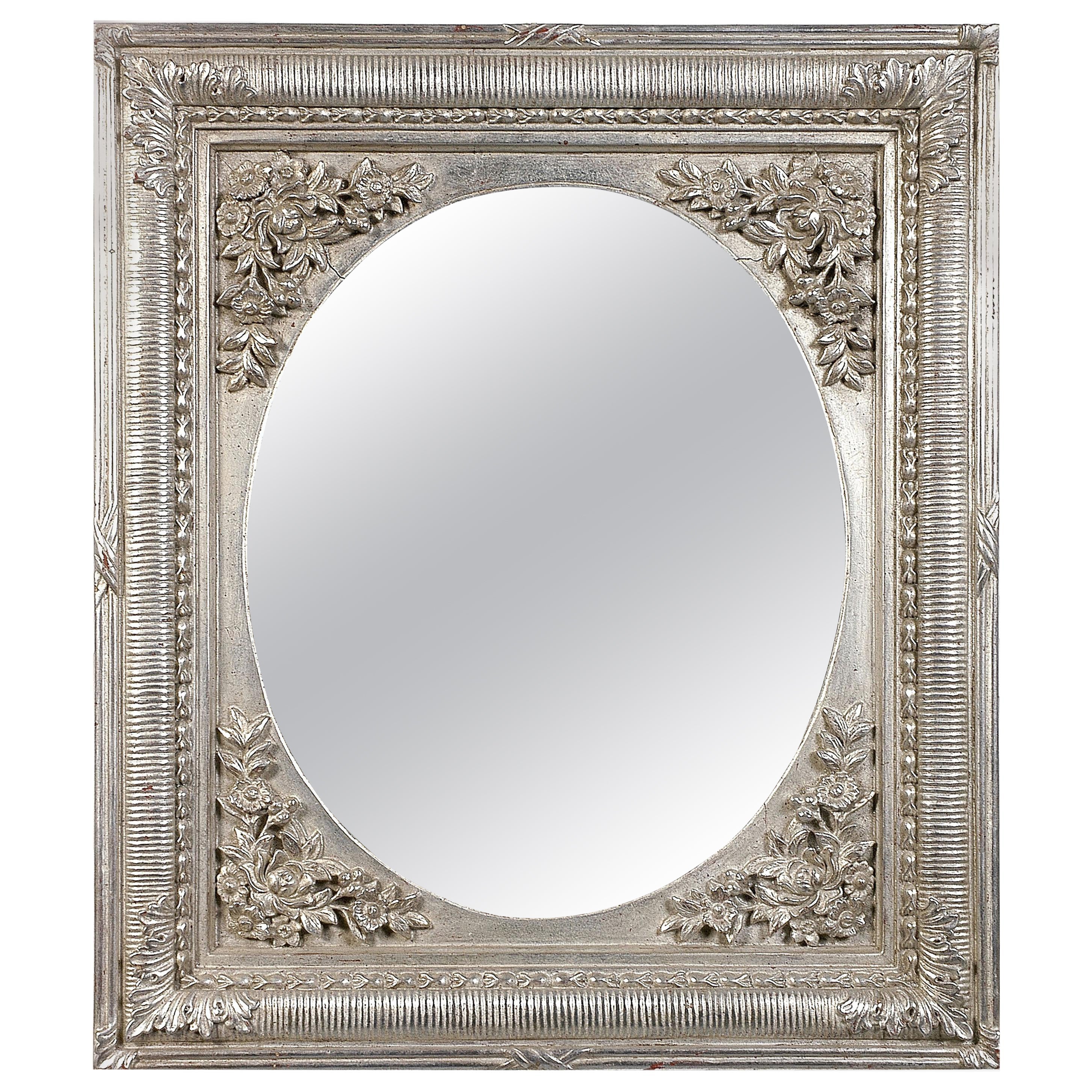 Miroir rectangulaire en bois sculpté à la main en argent de style Régence néoclassique, 1970