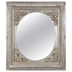 Vintage Neoclassical Regency Rectangular Silver Hand Carved Wooden Mirror, 1970