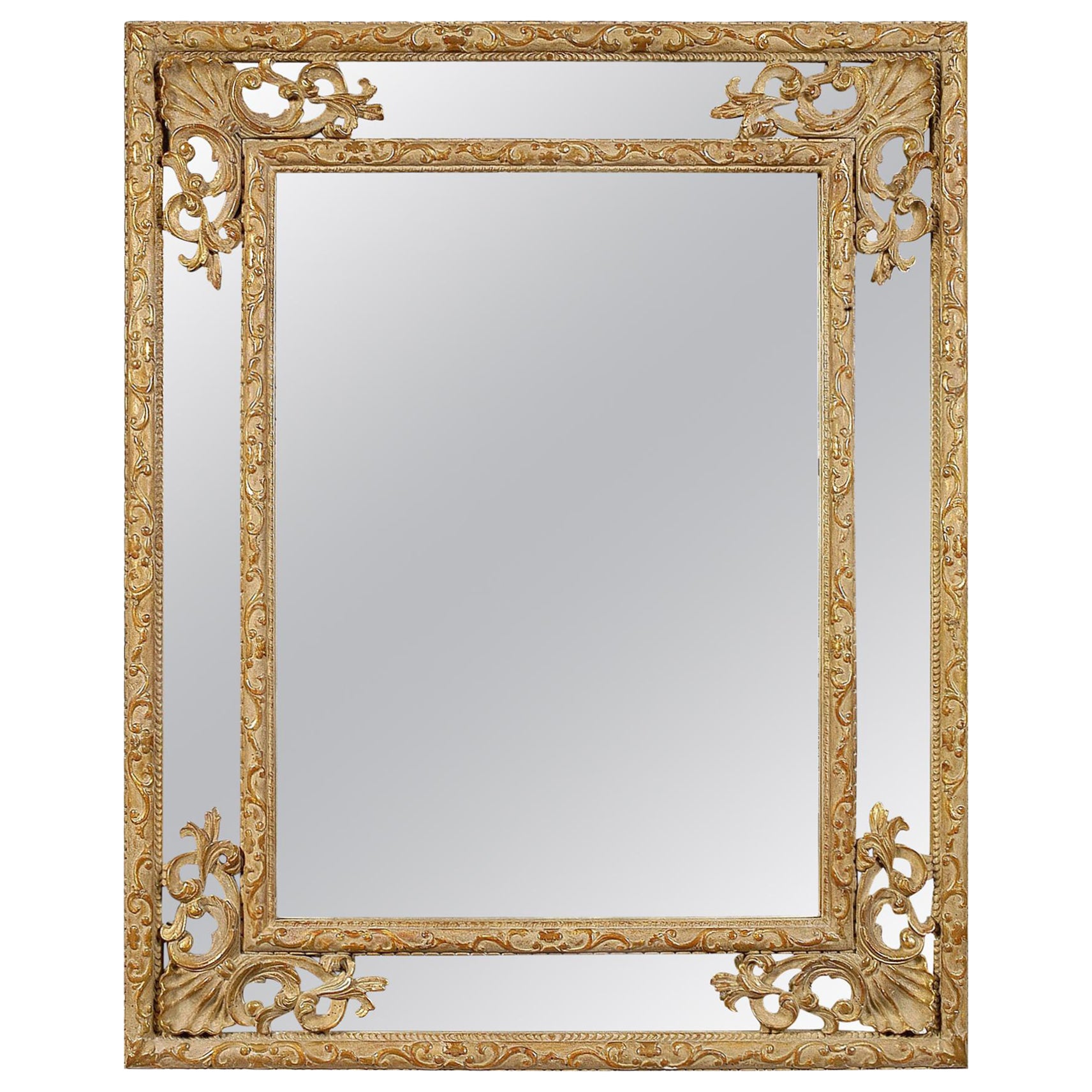 Neoclassical Rectangular Gold Hand Carved Wooden Mirror, Spain, 1970 For Sale