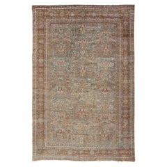 Antique Persian Distressed Sultanabad Rug in Grey Background, Blue, Green, Red