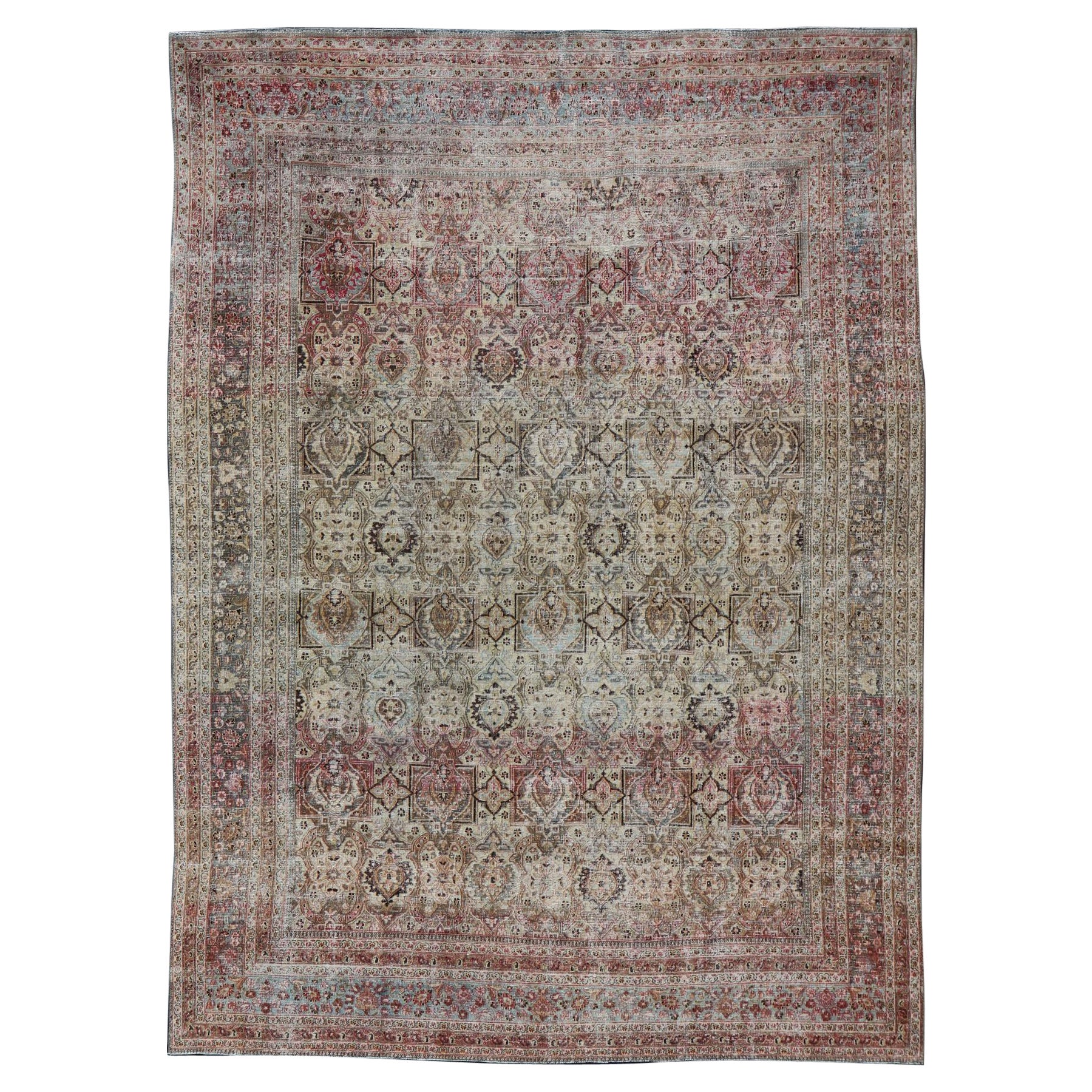  Antique Persian Khorassan Rug with Palmettes, Geometric Flowers in Soft Tones For Sale