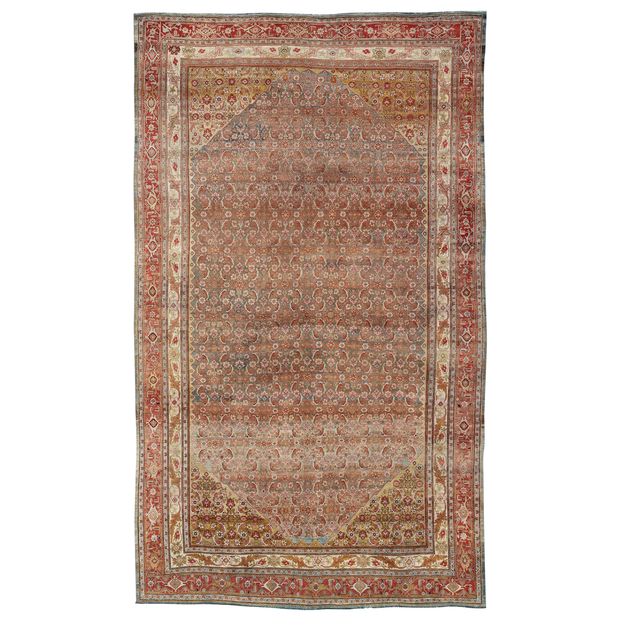 Large Antique Persian Bidjar Rug with Herati Design in Soft tones & Multi Colors