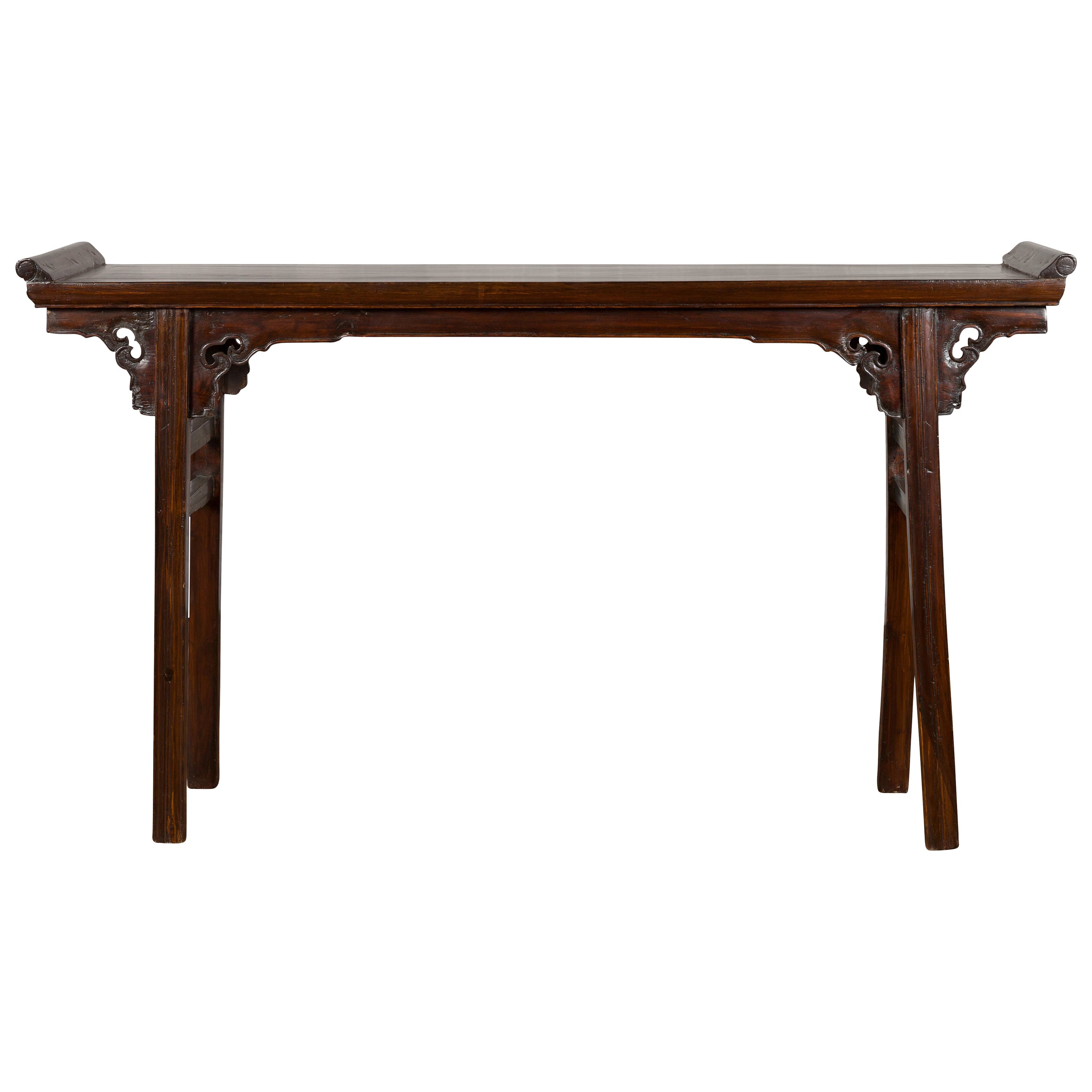 Large 19th c. Chinese Console Table with Carved End Panels For Sale at