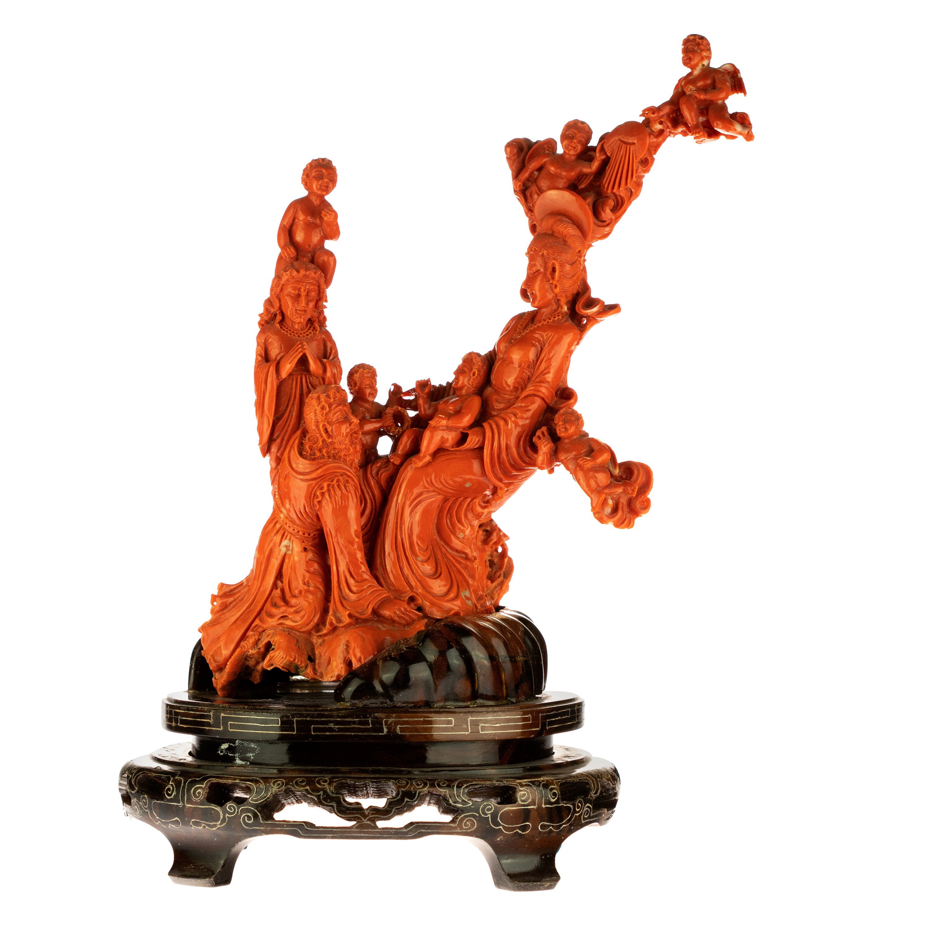 Natural Red Coral Chinese Family Carved Asian Decorative Love Statue Sculpture For Sale