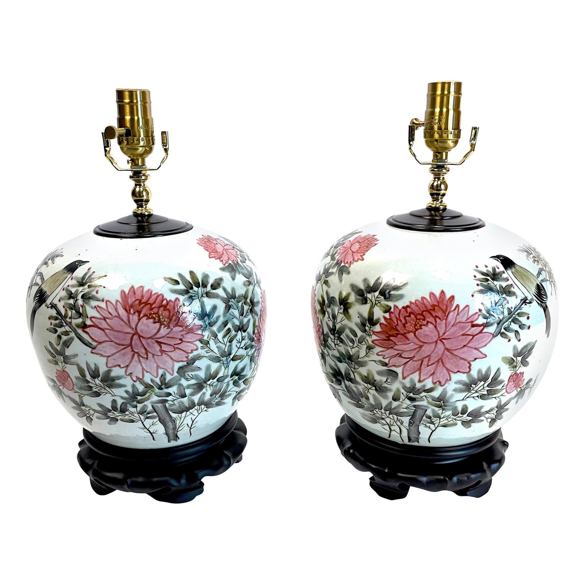 Paar chinesische Chrysanthemen-Porzellanlampen aus Ingwerglas-Porzellan