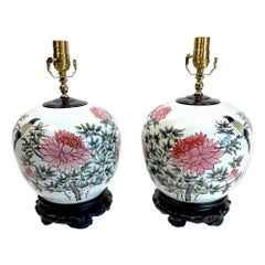 Pair of Chinese Ginger Jar Chrysanthemum Porcelain Lamps