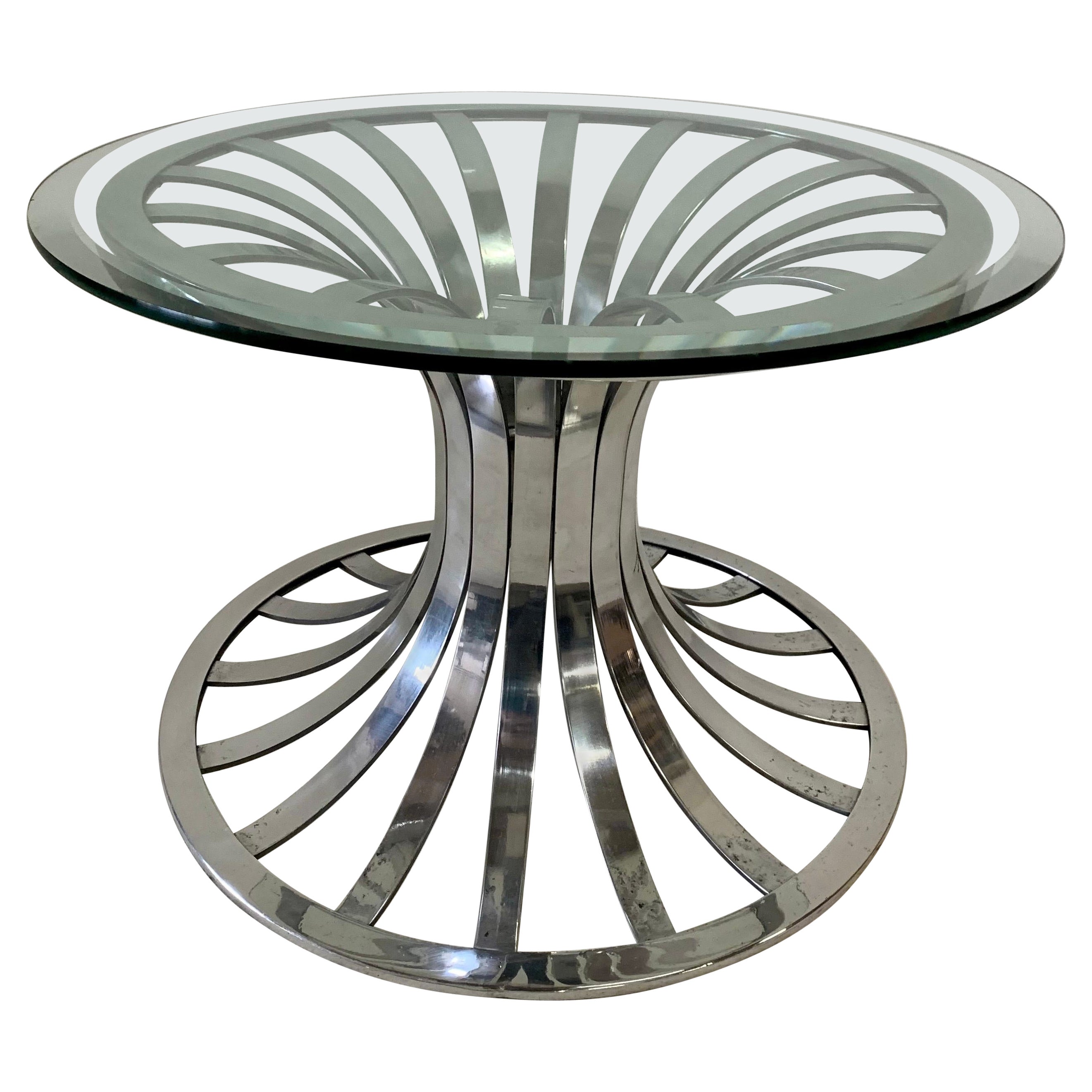 Vintage Russell Woodard Polished Aluminum Side Table w/ Glass Top For Sale