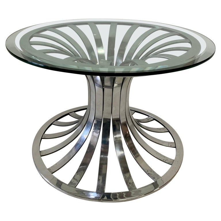Vintage Russell Woodard Polished Aluminum Side Table w/ Glass Top For