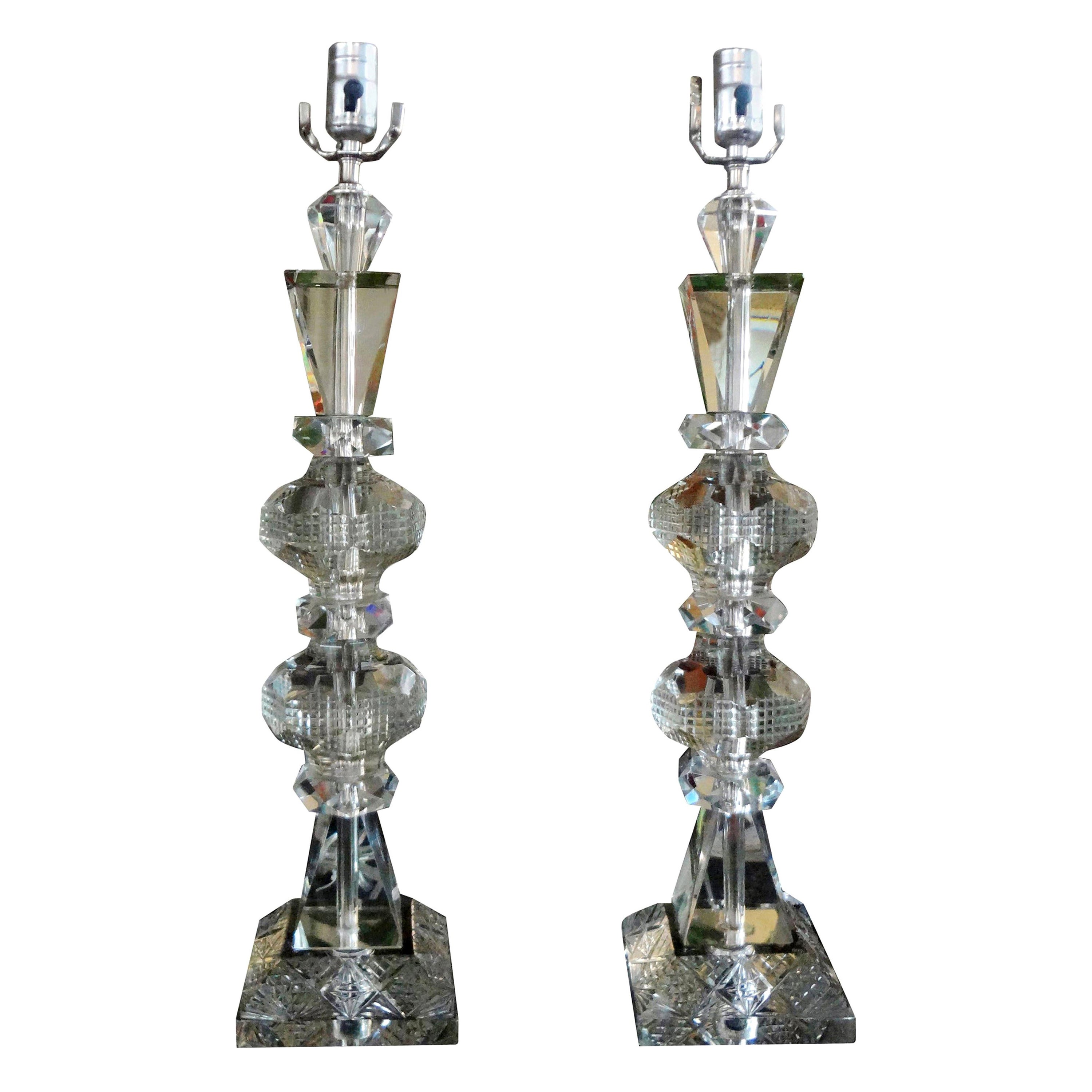 Large Pair of Geometric Cut Crystal Lamps For Sale