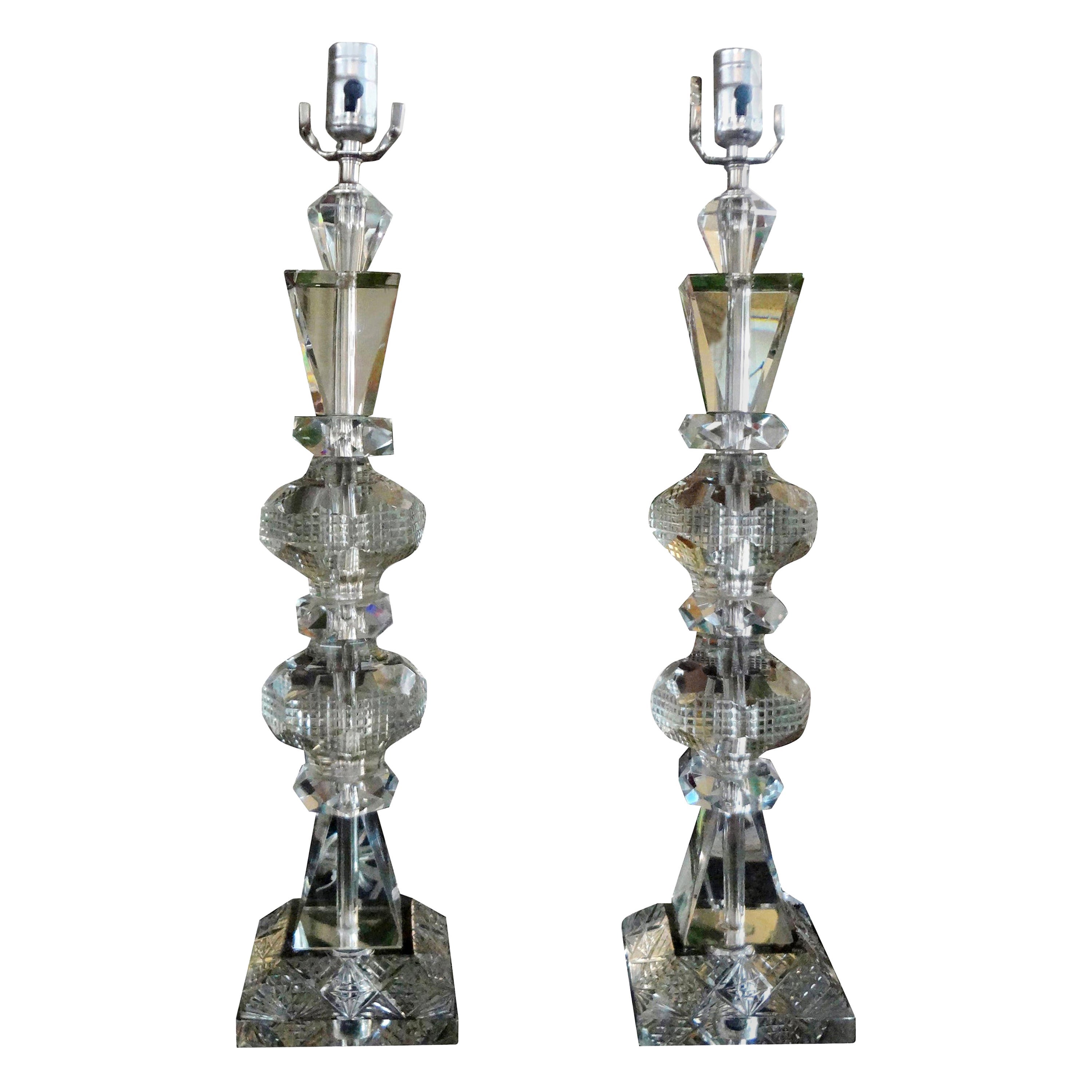 Large Pair of Geometric Cut Crystal Lamps