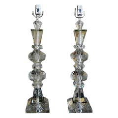Large Pair of Geometric Cut Crystal Lamps