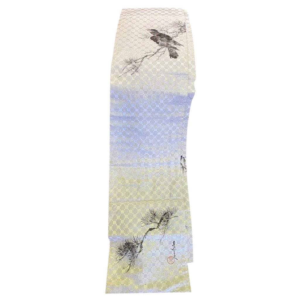 Japanese Signed Stamped Hand Drawn Silk Obi Sash Belt with Crow, Mid-1900 For Sale