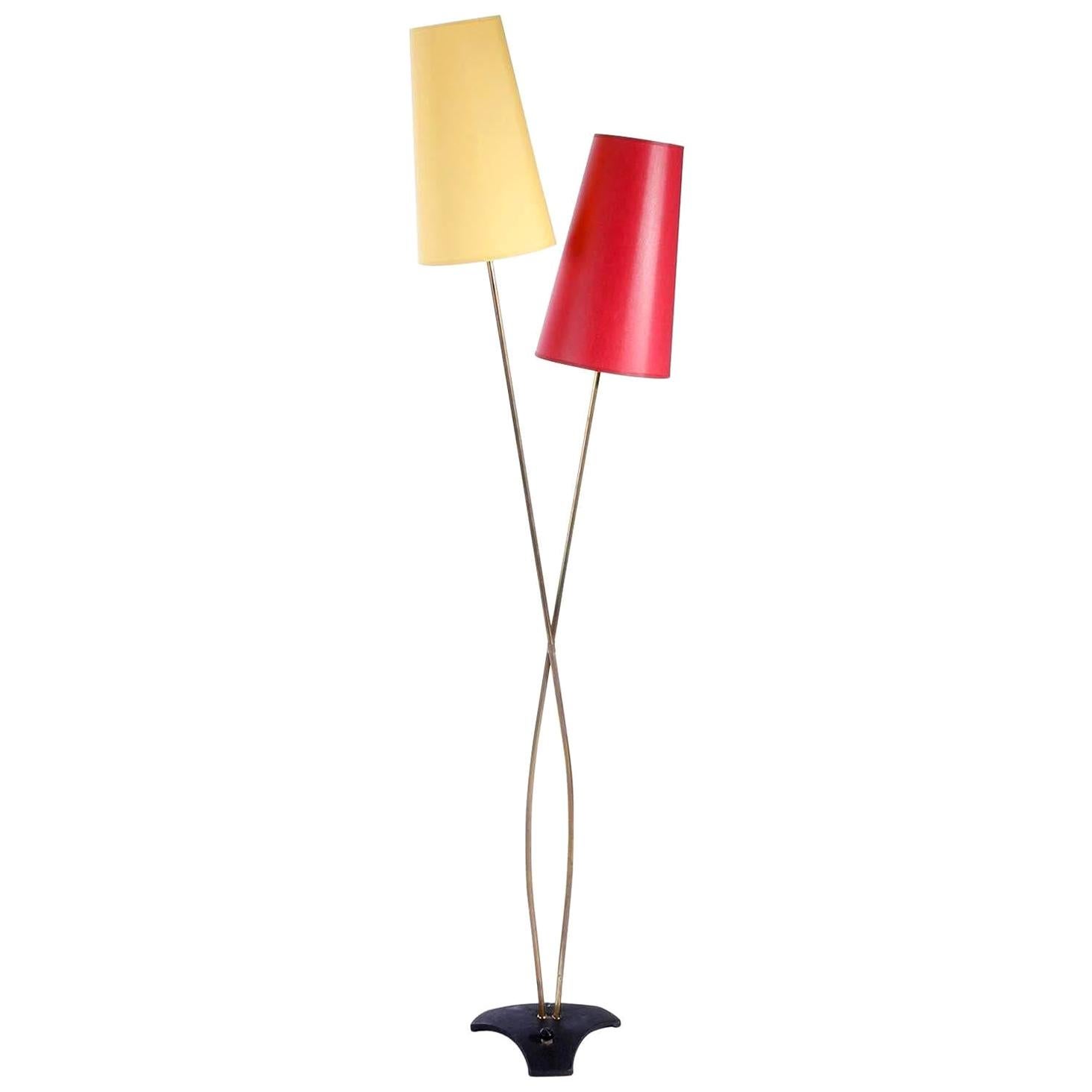 Floor Lamp by Rupert Nikoll, Brass Yellow Red, Austria, 1960 For Sale