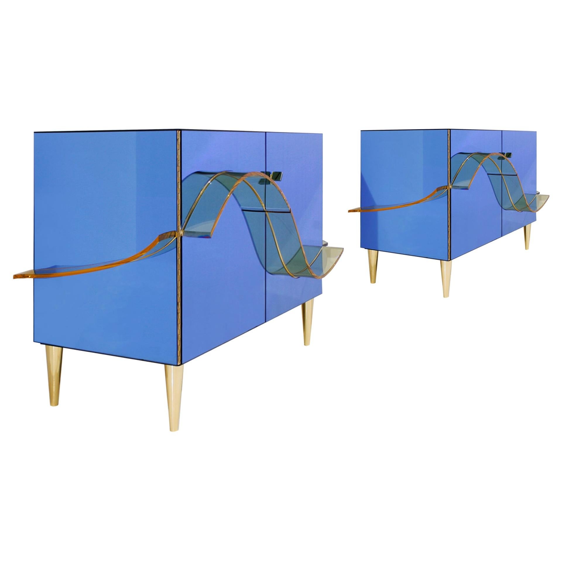 Contemporary Blue Murano Glass Mirror and Brass Pair of Italian Cabinets For Sale