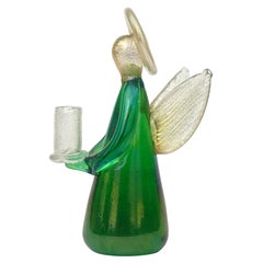 Murano Green Iridescent Gold Flecks Italian Art Glass Angel Candleholder Figure