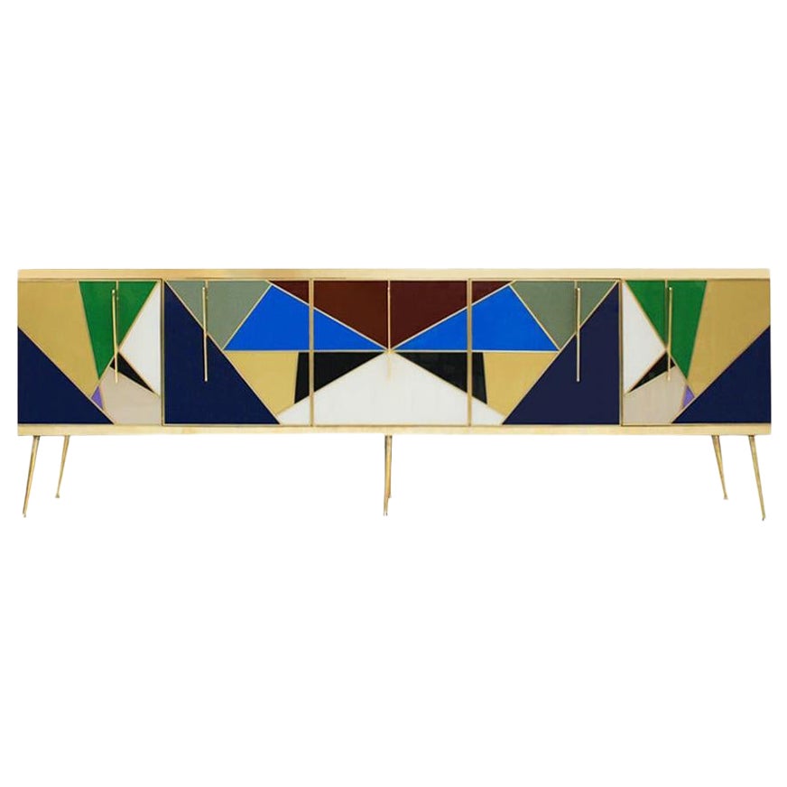 Modernes italienisches Sideboard aus Massivholz und farbigem Glas aus der Mitte des Jahrhunderts im Angebot