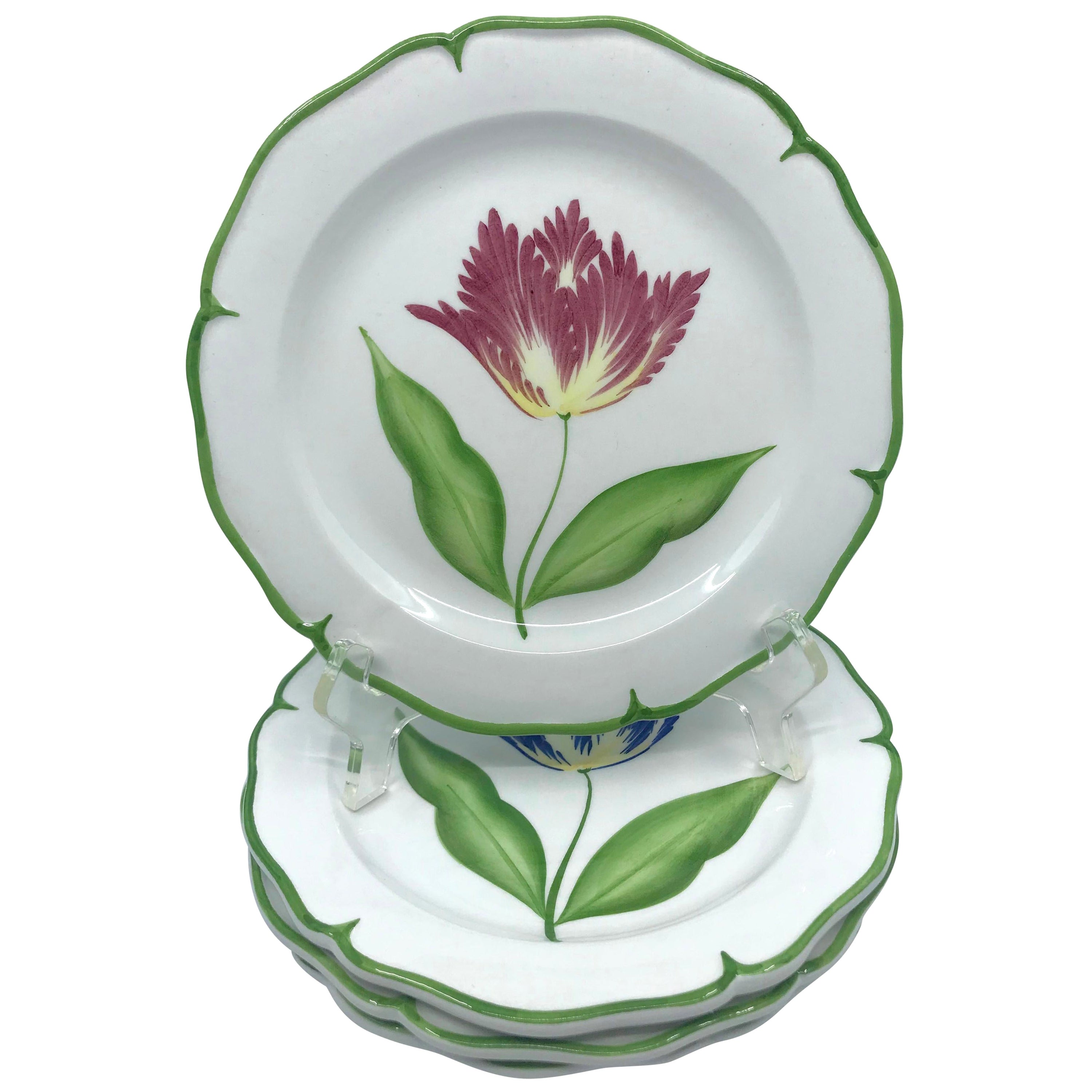 Set of Four Flower Plates with Green Border