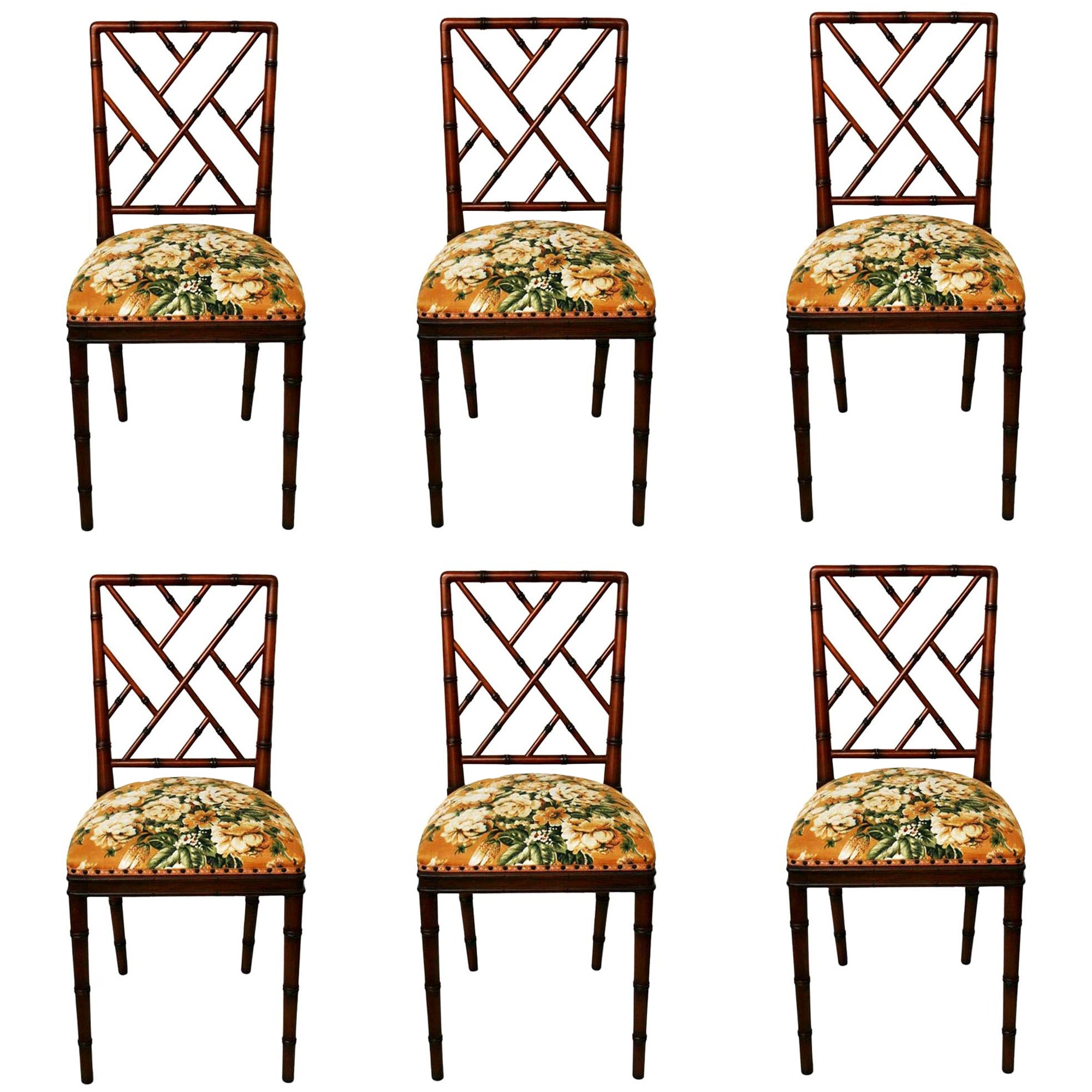 Lot of 6 Dining Chairs Faux Bamboo Chinese Chippendale, 1950s