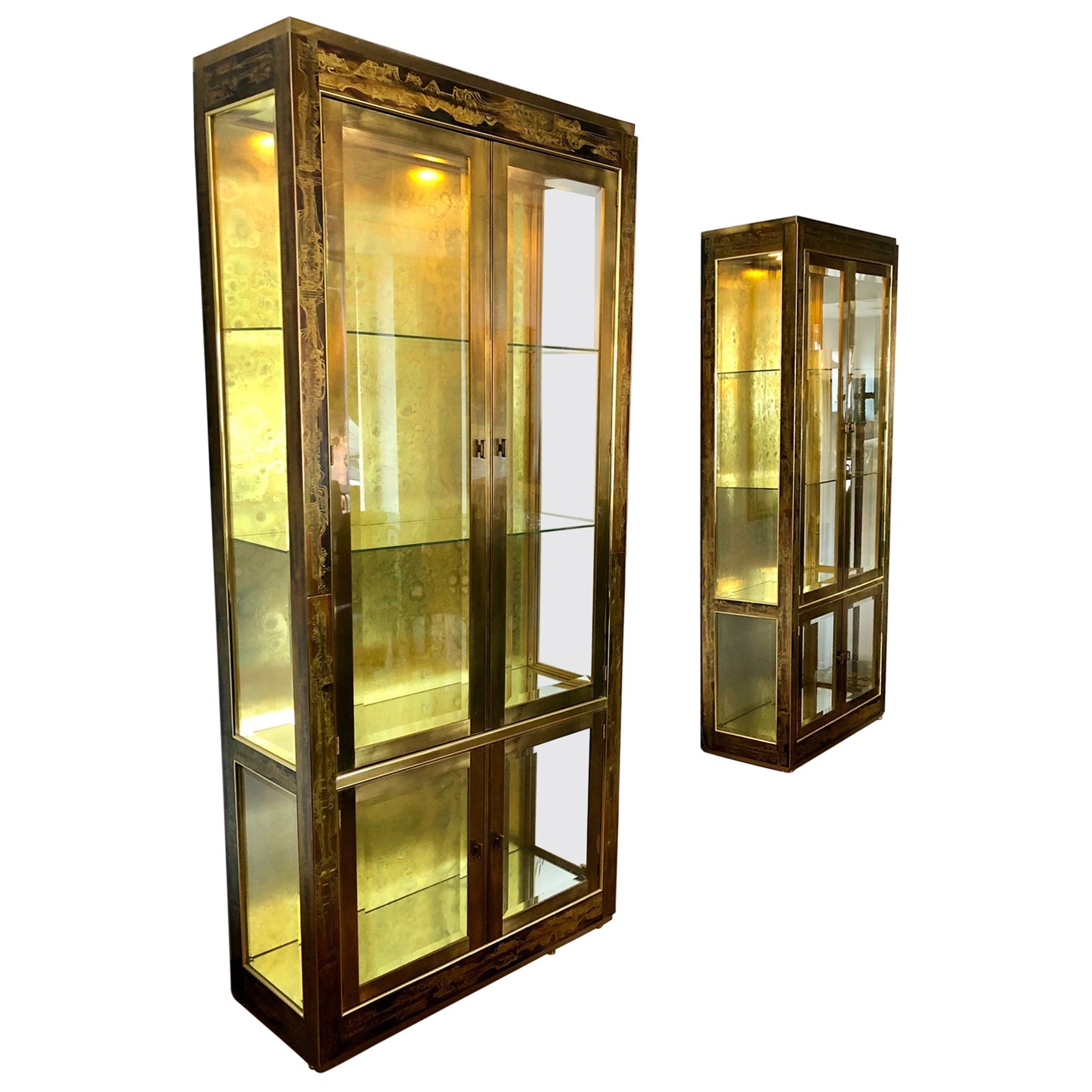 Two Modern Black Lacquered Brass Curio Display Cabinets by Mastercraft