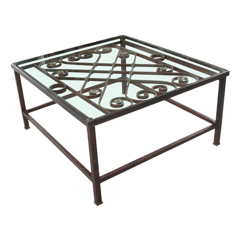 French Antique Iron Architectural Fragment and Glass Coffee Table For Sale