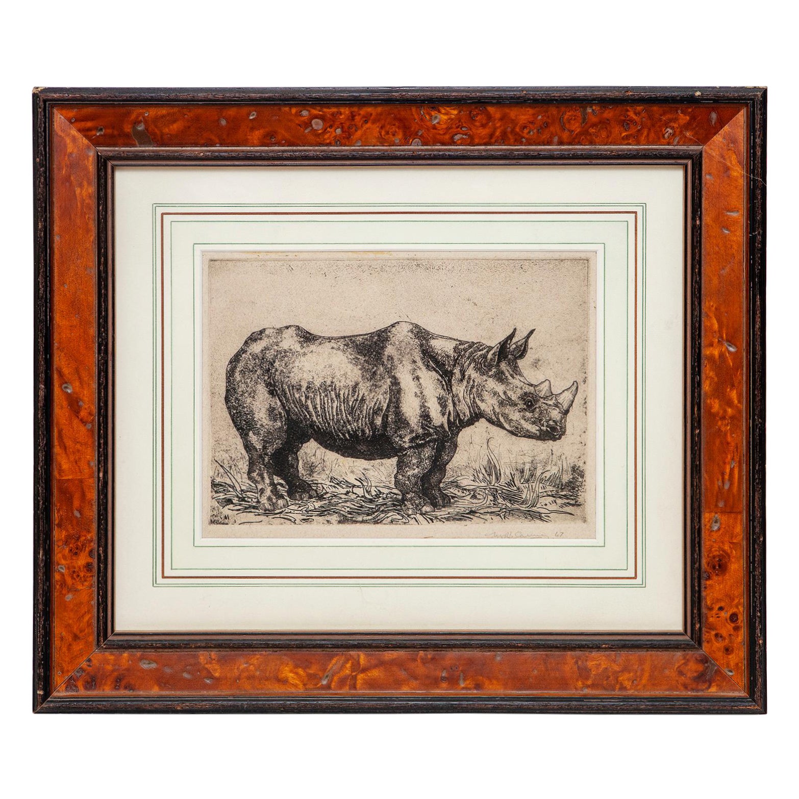 Michael Canney Rhinoceros Etching Signed Dated 1947 Aft Durer's 1515 Woodcut For Sale