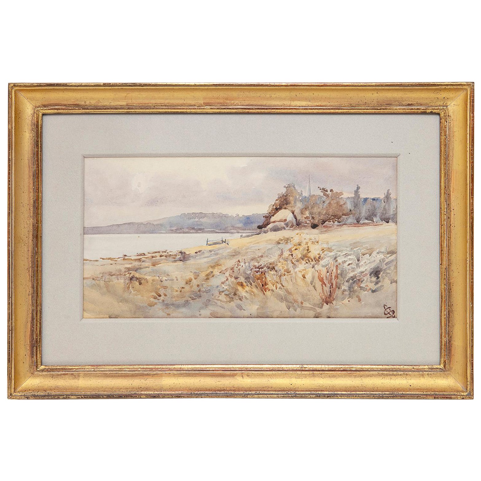 Paysage côtier à l'aquarelle, XIXe siècle, anglais