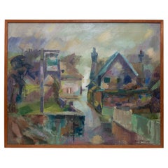 Retro Basil Nubel Village in the Rain Abstract Impressionist, 1969