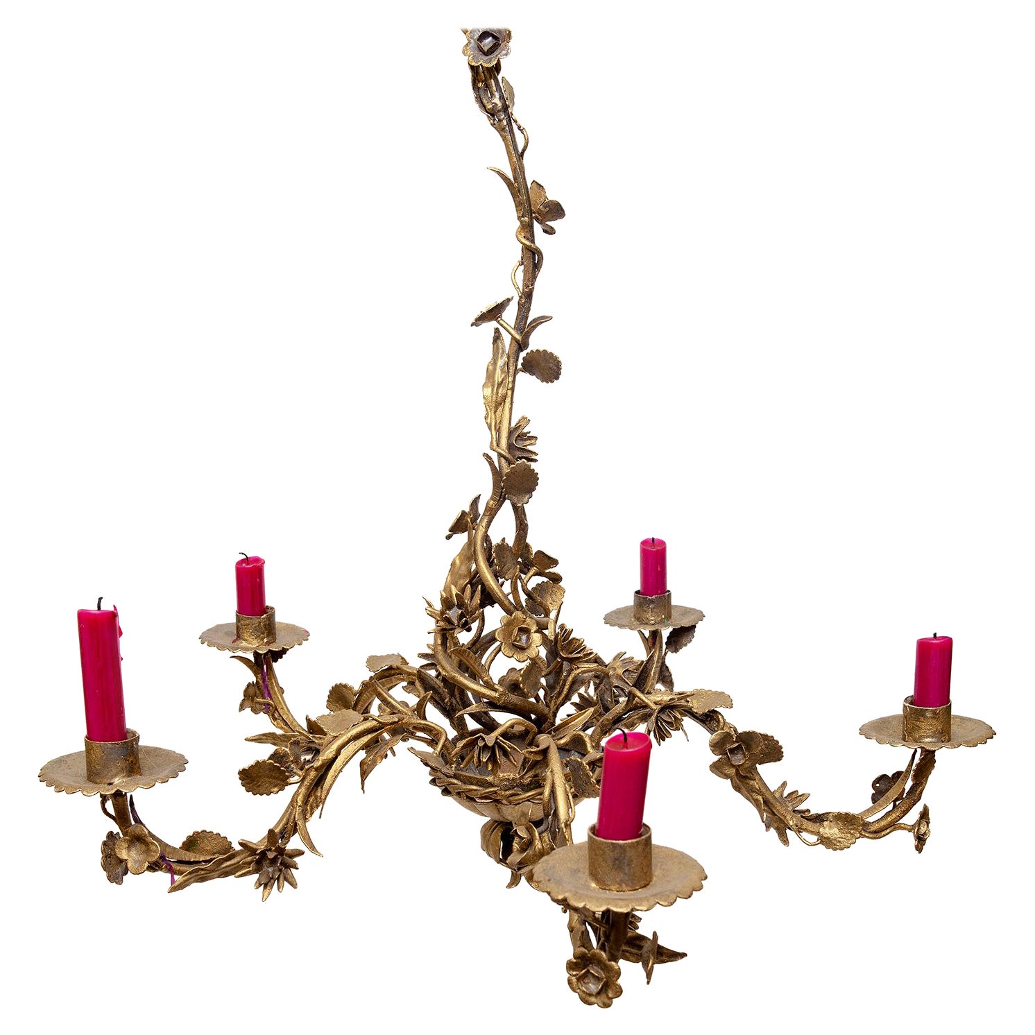 chandelier ormolu 6 arms branches wildflower floral garland 25 1/2" high 22 wide For Sale