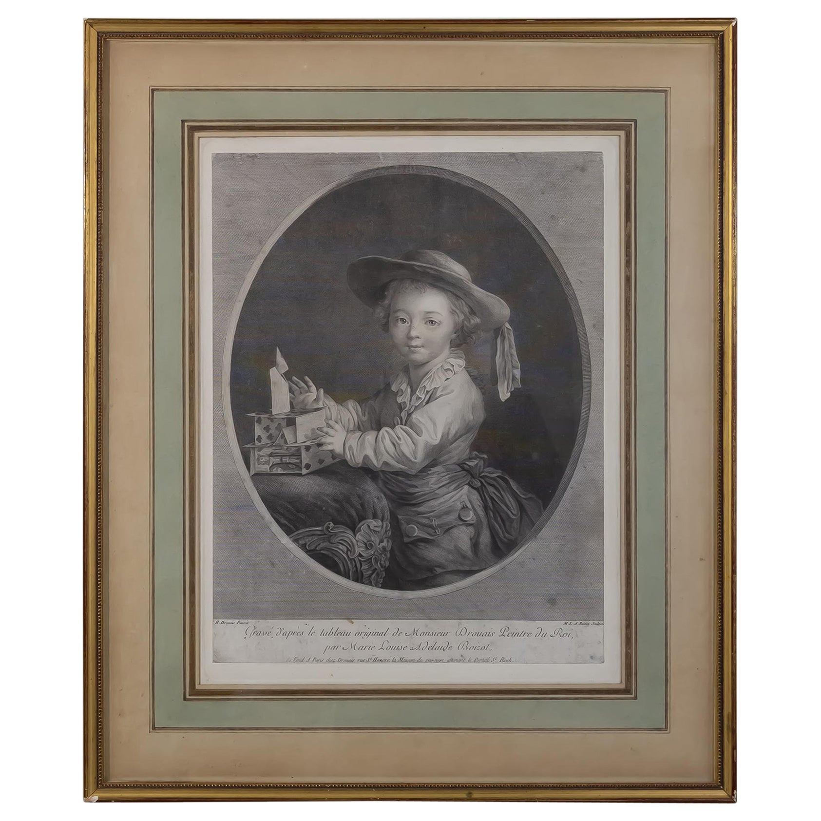 François-hubert Drouais Engraving « Little Boy Playing Cards » 18th Century