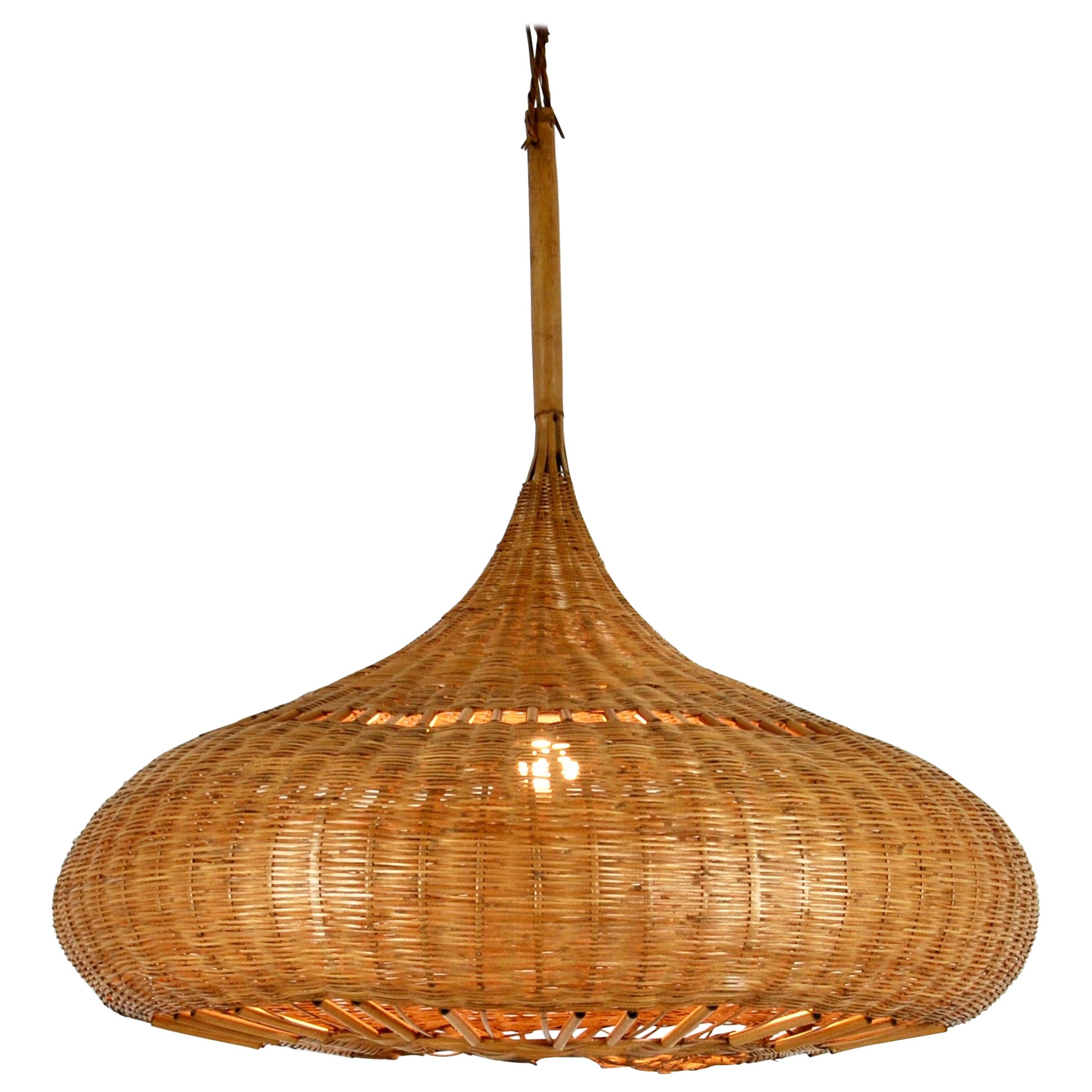 French MidCentury Modern Rustic Rattan Ceiling Lamp, circa 1960 For