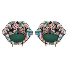 Federico Munari Mid-Century Modern Pair of Green Linen Italian Armchairs