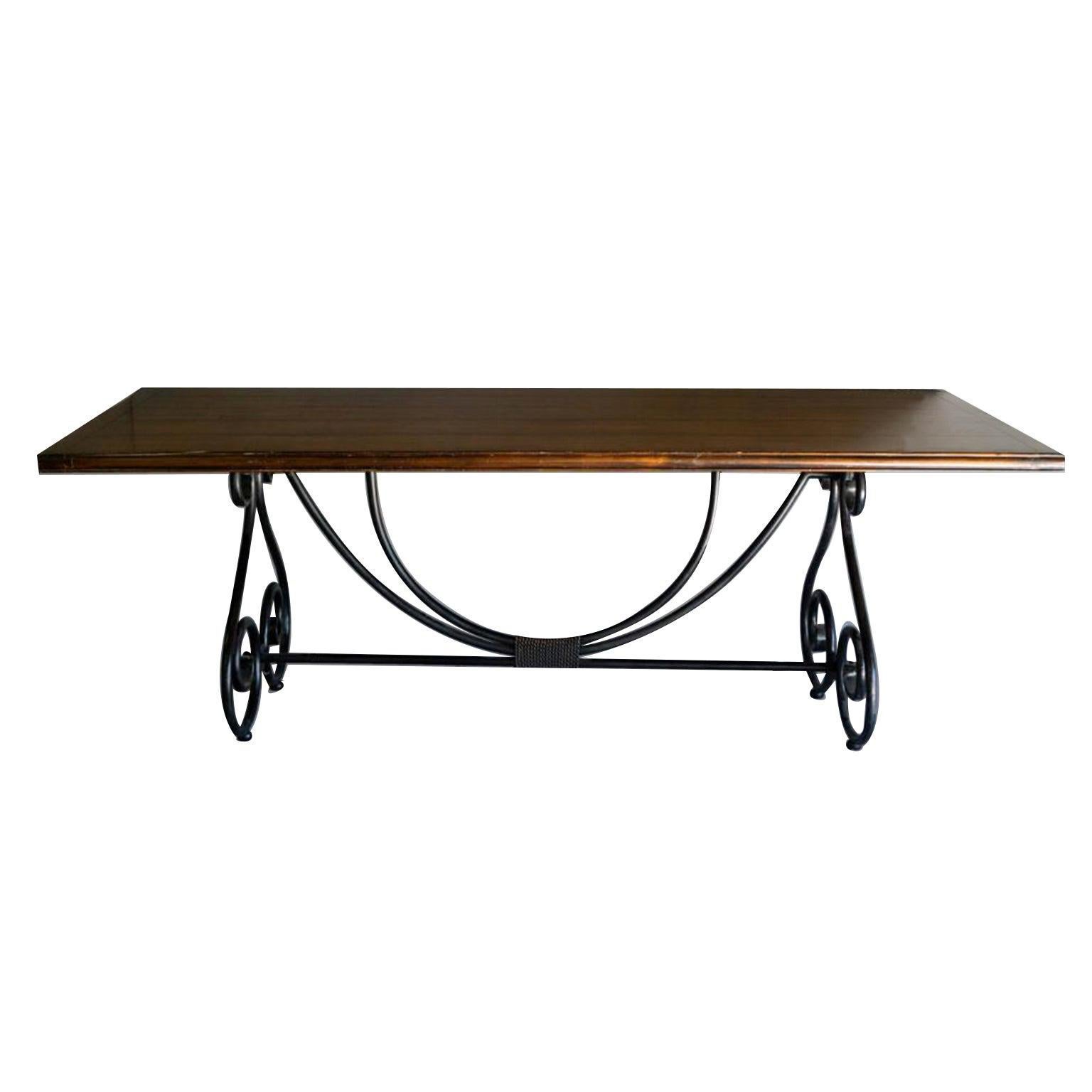 Ebony Metal and Brass Scroll Base Dining Table Wood Top Baroque Style