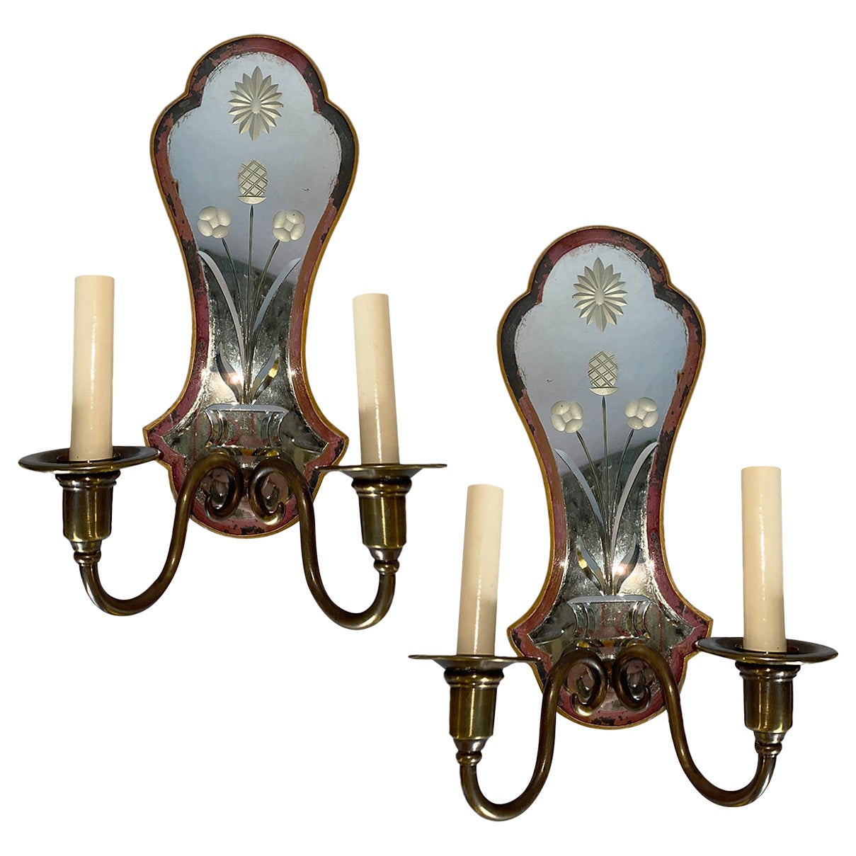 Pair of Vintage Etched Mirrored Wall Sconces at 1stDibs