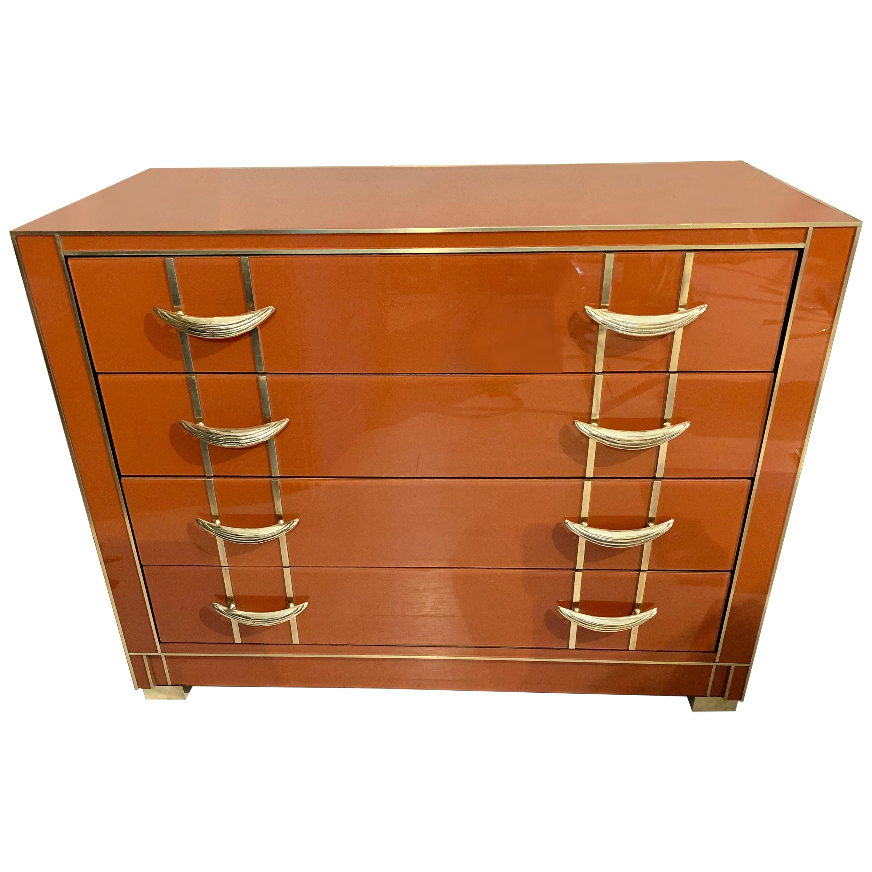 Italian Orange Opaline Glass Chest of Drawers with Brass Handles, 1980s