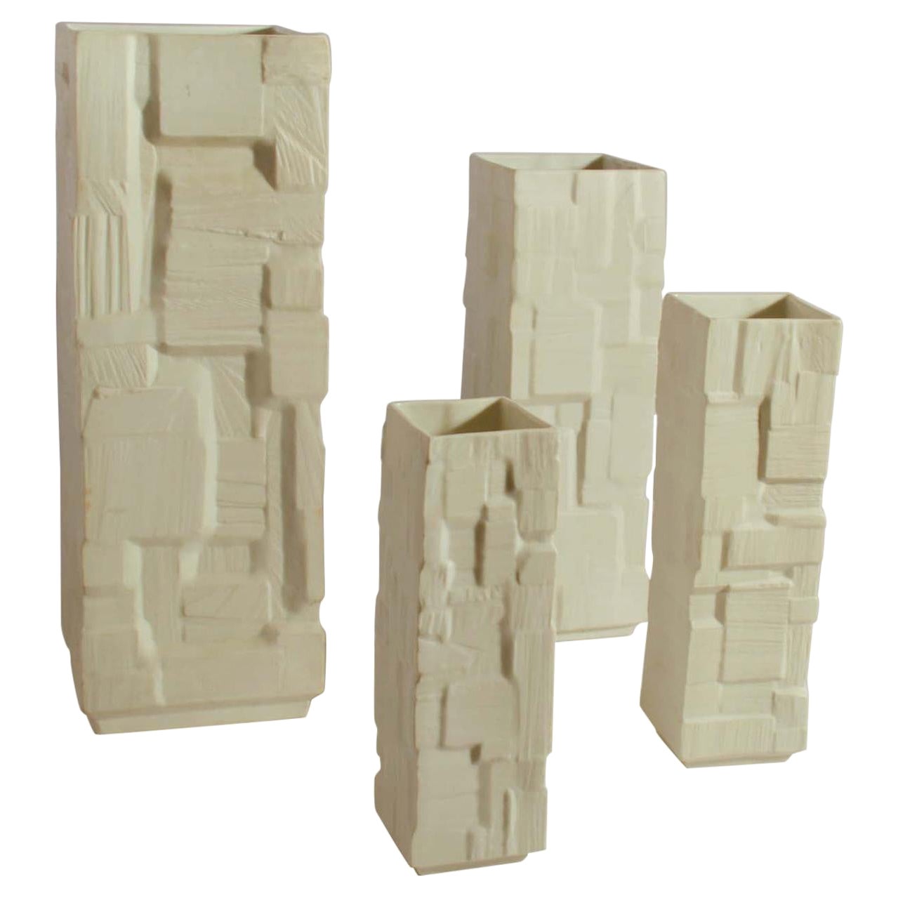 Tall White Porcelain Square Relief Vases For Sale