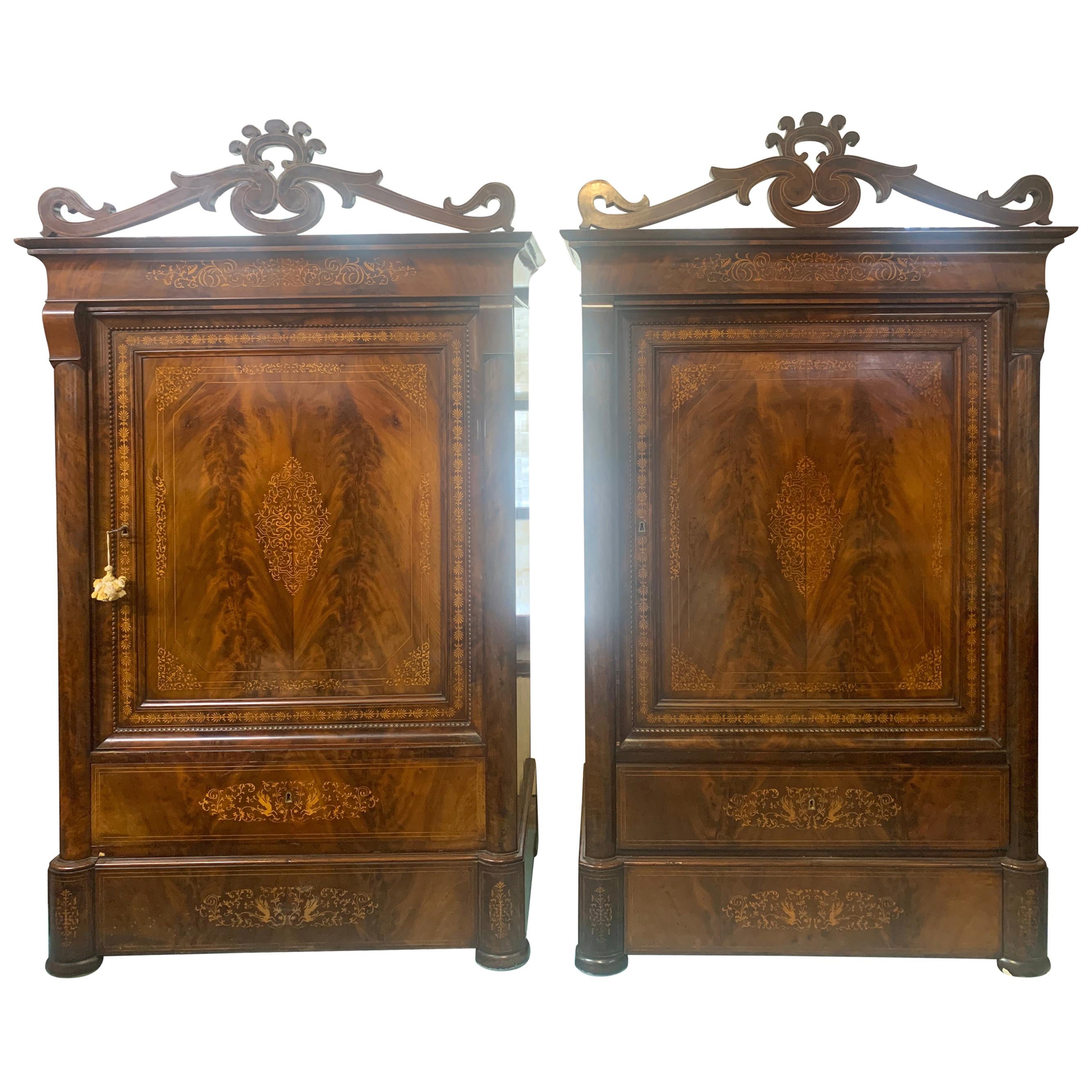 19th Century Pair of Wardrobes Armoires Charles X Mahogany Inlaid 1820s