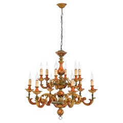 Antique Italian Florentine Baroque Style Polychrome Wood Two-Tier 12-Light Chandelier
