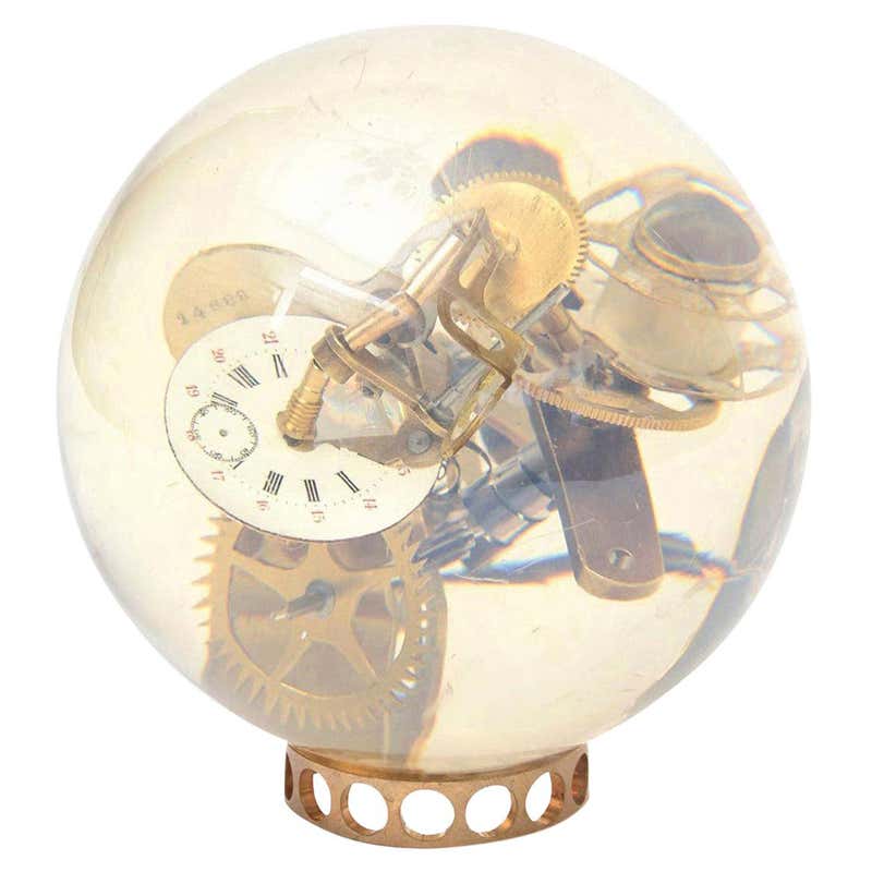 1960s Lucite and Gilt Brass Sphere/Ball Paperweight Clock by Swiss ...