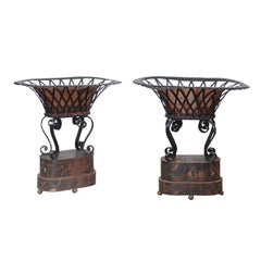 Antique Pair of Black Painted Tole & Iron Planters with Scroll Detail, 19th Century Fran