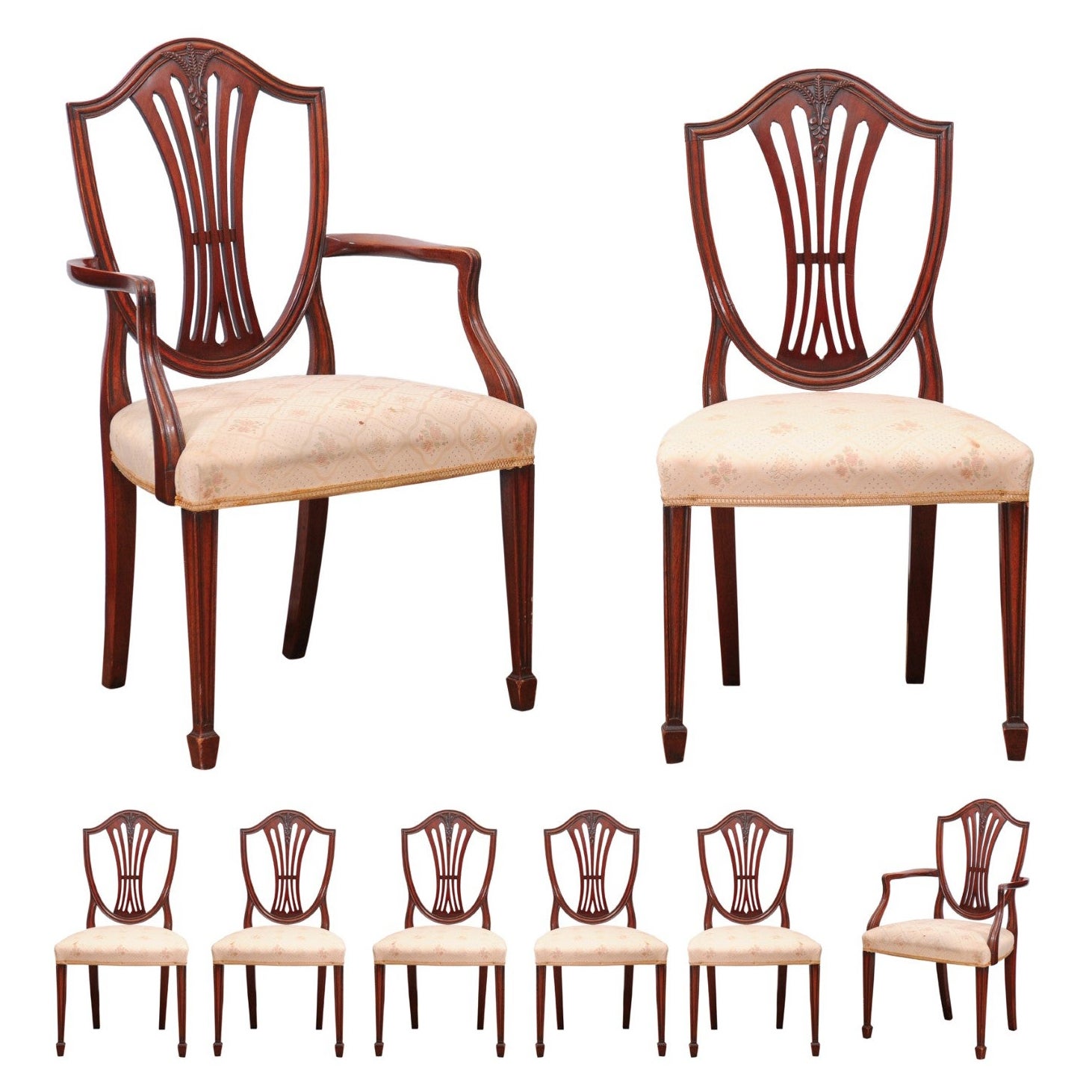 Set of 8 Sheraton Style Mahogany Shield Back Dining Chairs, Early 20th Century